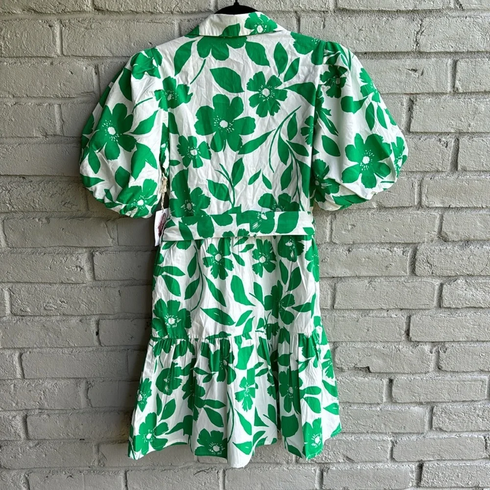 Jessica Simpson Sz XS Dress Cotton Green&White Puffy sleeve pockets Tiered Belt - Picture 2 of 6